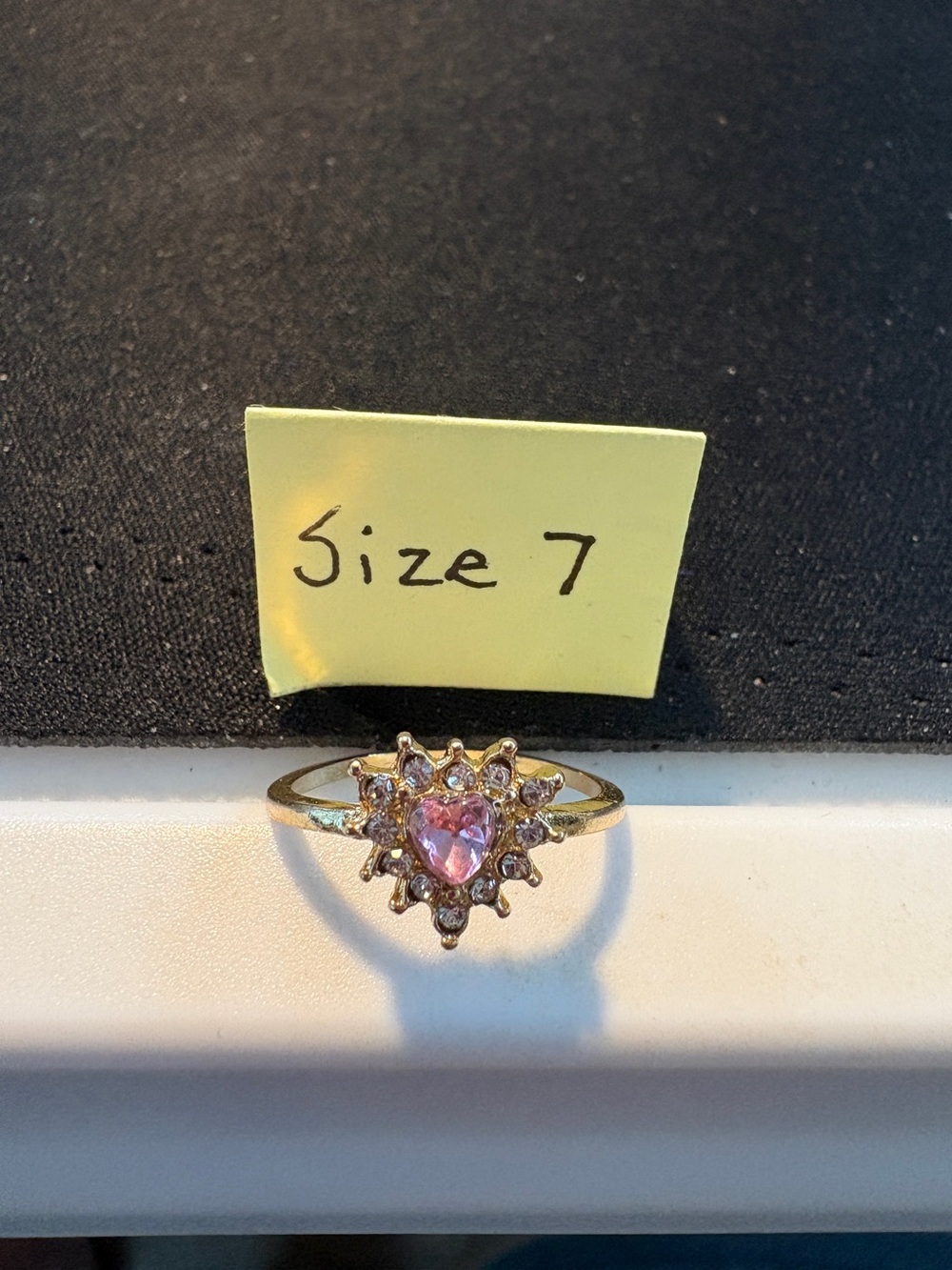 Gold-Tone Heart Pink Crystal Ring - Size 7